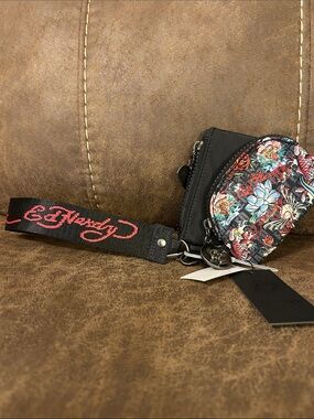 Ed Hardy Black Wristlet Coin Pouch with Multicolor Floral Tattoo Print